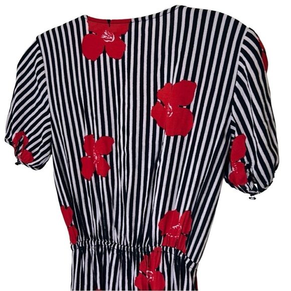Madewell - Mini Ruffle Wrap Dress, Striped Floral - Size 00, Black, White, Red - Picture 11 of 16